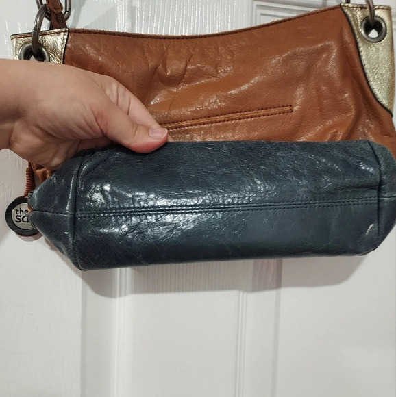 the Sak Denim Blue Natural Tan Metallic Gold Shoulder Leather Purse - Picture 8 of 16